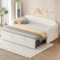 Sweiko Lit rembourré Canapé-lit extensible 90/180x190 cm, avec bandes verticales, avec sommier à lattes, lit multifonctionnel, tissu en lin confortable et respirant, Beige (matelas non inclus)