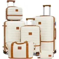 Sonstiges Joyway Valise de voyage Beautycase Serrure TSA 6 pièces coque dure 4 roulettes 1 sac de voyage 1 trousse de toilette Blanc Marron