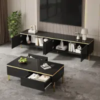 OKWISH Ensemble Meuble TV et Table Basse - avec 2 Tiroirs et Espace de Rangement pour Salon, en Panneaux de Particules, Noir