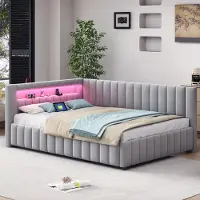MODFU Canapé-lit Lit de jour 140x200cm avec lumière LED et port de chargement USB,Lit de jour rembourré avec dossier, Lit d'enfant Lit d'adolescent,Gris clair(Sans matelas)