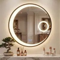 Costway miroir rond avec éclairage, 60 cm, miroir de salle de bain avec fonction anti-buée, 3 couleurs de lumière & grossissement 3x, avec cadre en aluminium