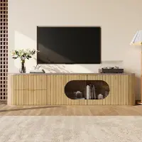 Merax Meuble TV moderne avec façades 3D et porte vitrée ovale, meuble TV multifonctionnel pour téléviseurs jusqu'à 75 pouces, meuble de salon aspect bois
