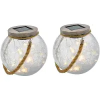 Lumisky Lot de 2 boules solaires - - CRACK BALL CORD - H13 cm - Verre fissuré à placer - Poignée en micro-corde - LED blanc chaud