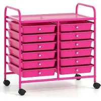 Northix Chariot de rangement mobile avec 12 tiroirs empilables, rose foncé