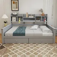 Flieks Lit en bois Canapé-lit 90x200cm avec tiroirs, lit de jour Canapé-lit avec étagère, lit de rangement Lit fonctionnel avec compartiment de rangement, lit simple Lit pour adolescents, Gris