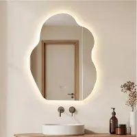 Costway Miroir de salle de bain , miroir de salle de bain extraterrestre avec éclairage, 3 couleurs de lumière, gradation continue, fonction mémoire, anti-buée, miroir mural