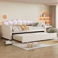 Flieks Canapé-lit Canapé-lit 90x200cm avec LED, Lit rembourré Lit d'adolescent Lit simple avec lit gigogne 90x190cm, Lit de jour Lit d'invité Lit fonctionnel, Velours Beige