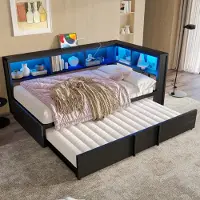 OKWISH Lit Gigogne 90x200 cm - Lit Gigogne Métal Avec Tiroir et LED Intégrée, Rangement Pratique et Ports USB, Métal/MDF, Sans Matelas - Noir