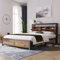 Flieks Lit métallique 140x200cm, Cadre de lit Lit d'adolescent avec sommier à lattes et tête de lit de rangement, Lit double Lit de jour Lit d'invité, Noir
