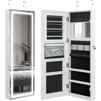 Costway Grande armoire à bijoux de 120 cm avec miroir LED, miroir intégral à suspendre, miroir intérieur, espace de rangement & porte magnétique verrouillable