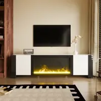 Merax Meuble TV avec effet de cheminée électrique - Lowboard brillant avec espace de rangement, meuble mural moderne pour le salon