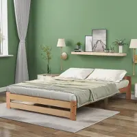 Merax Lit Futon Lit double 140x200cm avec tête de lit et sommier à lattes, Lit classique en bois massif Lit d'adolescent, Naturel