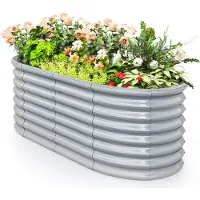 Costway Lit surélevé métal ovale, bac à plantes, 165x80x60cm, lit précoce avec fond ouvert, tôle ondulée, lit de fleurs résistant aux intempéries, bac à plantes, gris