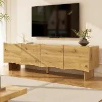 Merax Armoire TV moderne avec motif de vagues, TV Lowboard avec 4 portes et espace de rangement, TV-Board avec passages de câbles, console média, couleur bois