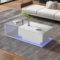MODFU Table basse de salon avec LED haute brillance,Table de canapé rectangulaire avec plateau en verre et tiroirs, blanche