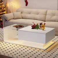 Merax Table basse avec plateau en verre et tiroir, Table d'appoint haute brillance avec LED incl. APP, Table de salon 100x50x32cm, Blanc