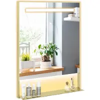 Costway Miroir de salle de bain avec éclairage, miroir de salle de bain rectangulaire avec tablette et fonction anti-buée, miroir de salle de bain, 3 couleurs de lumière, doré, 80 x 60 cm