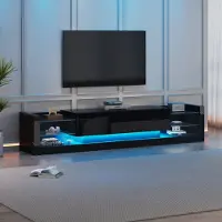 OKWISH Meuble TV 181 cm Avec 2 Tiroirs Rabattables, Façade Verre, Noir