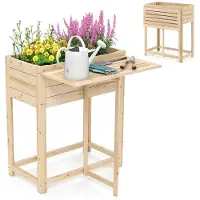 Costway Bac à fleurs surélevé, bac à fleurs en bois avec tablette rabattable et trous d'évacuation, bac à plantes surélevé pour fruits, bac de jardin en bois de sapin 63x67x74 cm Naturel