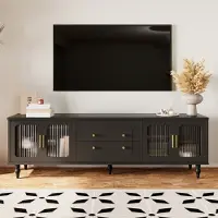 Merax Armoire TV avec tiroirs et portes, Buffet bas avec portes vitrées, Table TV vintage Buffet TV debout, 175x38x55,5 cm, Noir