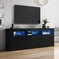 Merax Meuble TV avec façades brillantes et éclairage LED,Meuble TV bas avec 3 compartiments ouverts et 2 tiroirs,Smart App, largeur 160cm noir