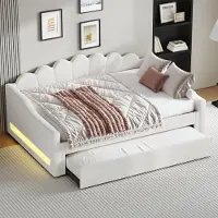 MODFU Lit Gigogne 140x200 cm – LED 7 Couleurs Réglables – Sans Matelas – Beige