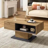 OKWISH Table Basse Moderne avec Rangement 2 Faces - Étagères et Compartiment, 100x50x46,5 cm, Gris/Bois Naturel