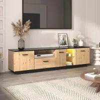 Merax TV-Lowboard "Dike" LED, armoire TV avec étagère en verre, table TV en bois, naturel