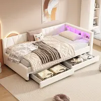 MODFU Canapé-lit avec lumière d'ambiance LED, USB+Type C et espace de rangement sur le lit, Lit d'enfant, Lit rembourré pour adolescents, Beige (Sans matelas)