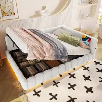 Flieks Lit hydraulique rembourré Lit de jour 140x200cm, Canapé-lit avec USB & Type-C, Daybed Lit d'adolescent avec LED, Lit de rangement Vliesimitat, Blanc