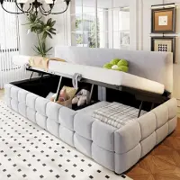 Flieks Canapé-lit hydraulique 90x200cm avec espace de rangement, lit de jour Daybed avec dossier, lit rembourré Lit d'adolescent avec sommier à lattes, velours, gris clair