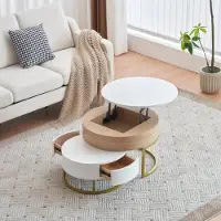 Merax Ensemble de tables basses avec cadre métallique doré et tiroirs avec plateau extensible, table de salon avec espace de rangement, table basse