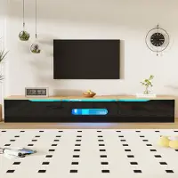 Merax Meuble TV avec éclairage LED 16 couleurs, Lowboard avec surface brillante, espace de rangement et style minimaliste, noir +naturel