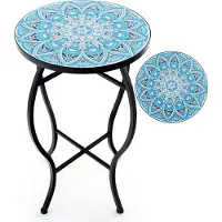 Costway Table d'appoint 30x50cm, Table ronde en mosaïque, Table de jardin Bistro, en métal, céramique, bleu