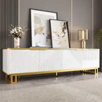 Merax Armoire TV 4 portes en MDF, Buffet TV avec façade géométrique 3D, support TV avec espace de rangement et gestion des câbles, blanc + or