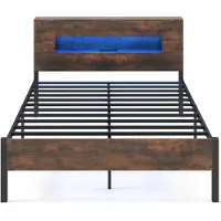 Costway Sommier 200 x 140 cm, lit plateforme avec éclairage LED, tête de lit avec espace de rangement, prises électriques, sommier à lattes avec cadre métallique robuste, brun rustique