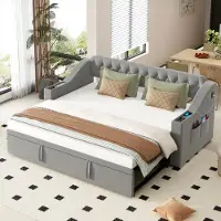 Flieks Canapé-lit Canapé-lit 90x190cm/180x190cm avec lit gigogne, Lit rembourré Lit de jour Daybed avec fonction de chargement, Lit de jeune Lit d'invité, Velours, Gris