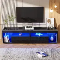 Merax Armoire TV haute brillance avec LED pour téléviseurs jusqu'à 70 pouces, meuble TV bas avec 2 tiroirs, verre trempé, noir, 180x40x46 cm