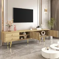 Merax TV-Lowboard en imitation bois (1 pc), meuble TV avec 2 tiroirs, portes et pieds dorés, largeur : 160cm