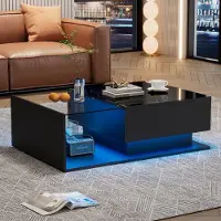 Merax Table basse avec plateau en verre et tiroir, table d'appoint haute brillance avec LED incl. APP, table de salon 100x50x32cm, noir