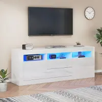 OKWISH Meuble TV 160 x 35 x 60 cm - Éclairage LED etApp - Blanc