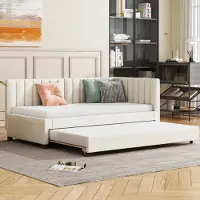 MODFU Lit Gigogne 90x200 cm - Lit d'Appoint Escamotable avec Tiroir, Velours Beige - Sans Matelas