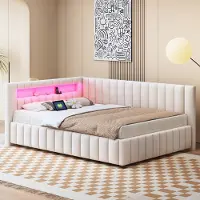 MODFU Canapé-lit Lit de jour 140x200cm avec lumière LED et port de chargement USB,Lit de jour rembourré avec dossier, Lit d'enfant Lit d'adolescent, Beige(Sans matelas)