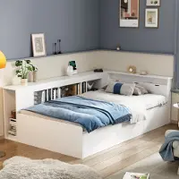 MODFU Lit Enfant 90x200 cm - Lit Simple Avec Rangement Intégré, Tiroirs et Bibliothèque, MDF, Sans Matelas, Blanc
