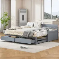 Merax Lit de jour 90x190cm/180x190cm avec lit gigogne et 2 tiroirs, Canapé-lit extensible avec sommier à lattes et accoudoirs, Lit d'enfant en bois massif Gris