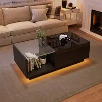 OKWISH Table Basse Relevable avec LED et Rangement Caché - Plateau Réglable en Hauteur, Meuble de Salon Noir, 70×70×35 cm