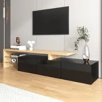 OKWISH Meuble TV 197,5x39x42 cm - Design LED avec 3 portes en verre - Noir