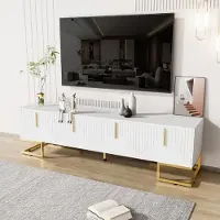 OKWISH Meuble TV - Meuble TV Moderne avec 4 Portes Texturées et Tiroirs, Pieds Dorés, MDF Bois, Blanc 170x40x45,5 cm