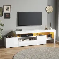 Merax Armoire TV avec LED, Buffet bas brillant avec 3 armoires et étagères ouvertes, Buffet bas TV pour TV jusqu'à 85 pouces, Blanc