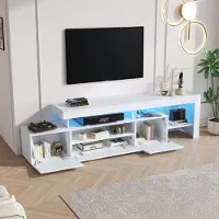 OKWISH Meuble TV avec Éclairage LED Contrôlable par Application - 3 Compartiments de Rangement et Portes Abattantes - 192x37x53 cm - Blanc